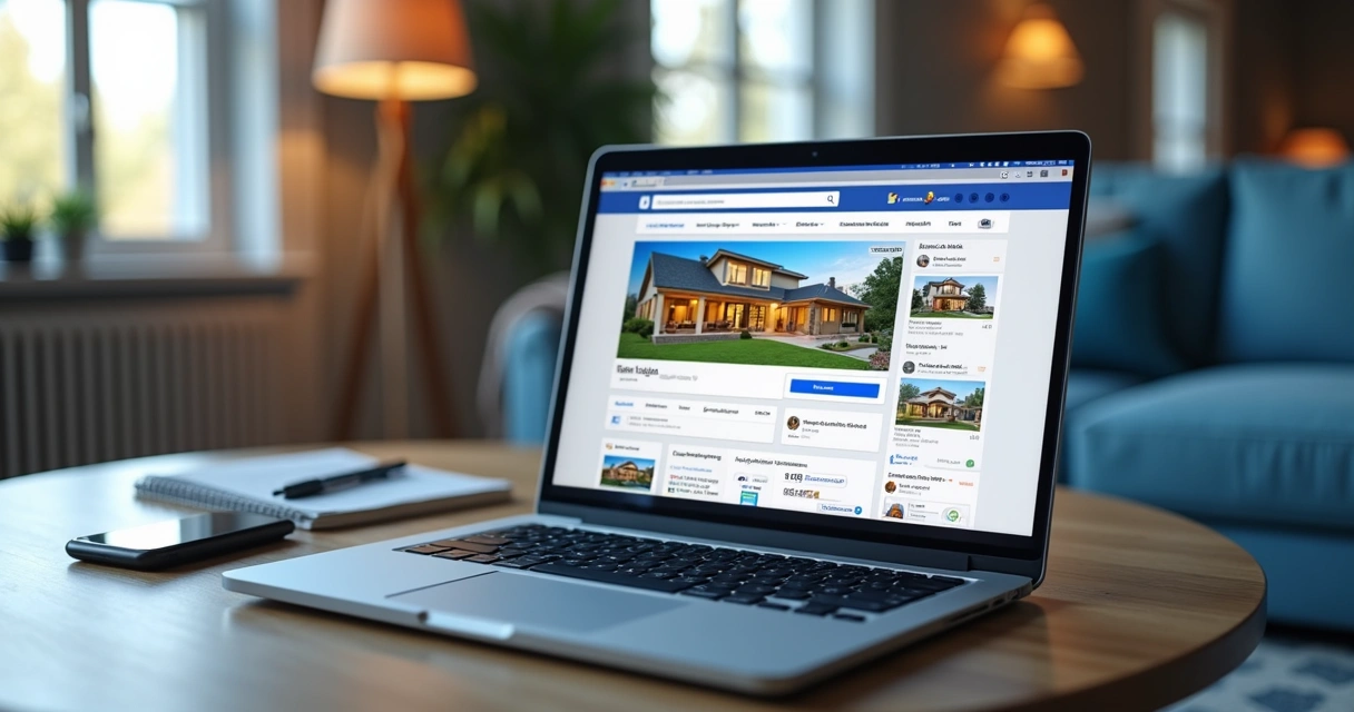 Tela de computador mostrando anúncio de imóvel no Facebook com imagens e gráficos 