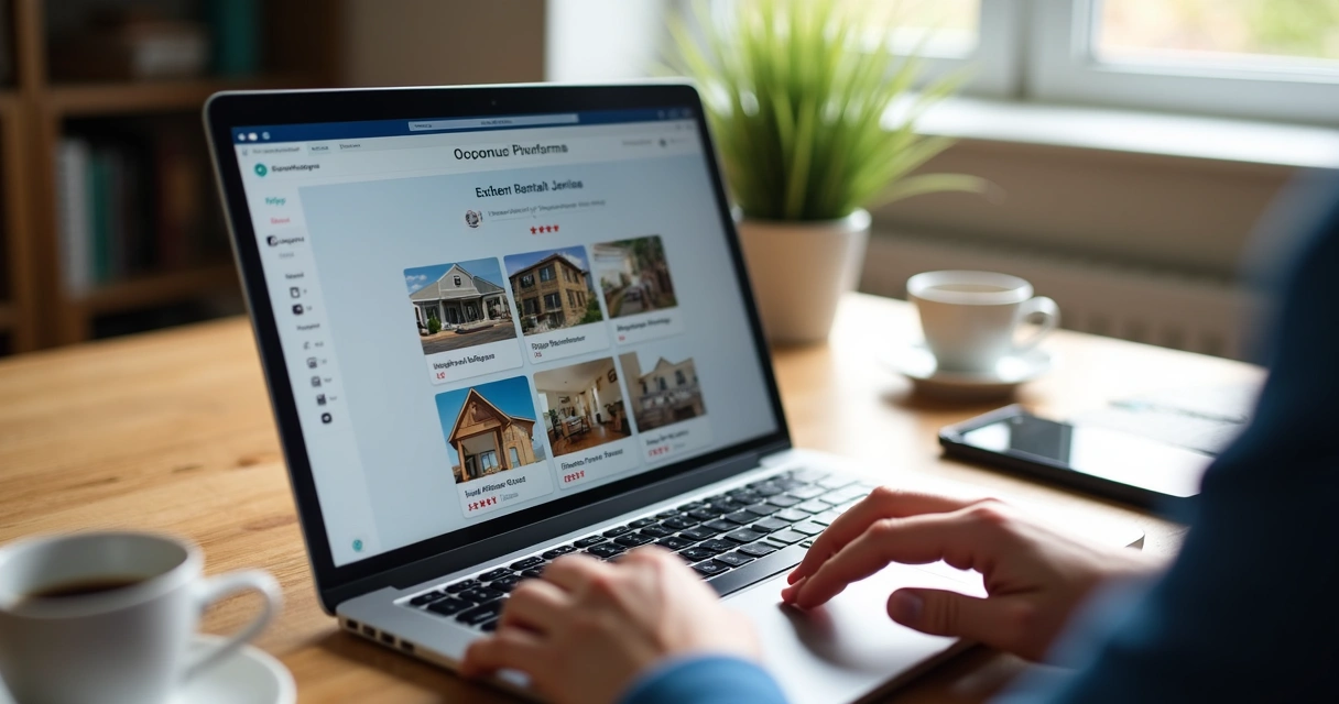 Tela de notebook com plataforma de anúncio de imóveis abertas mostrando calendário de reservas 