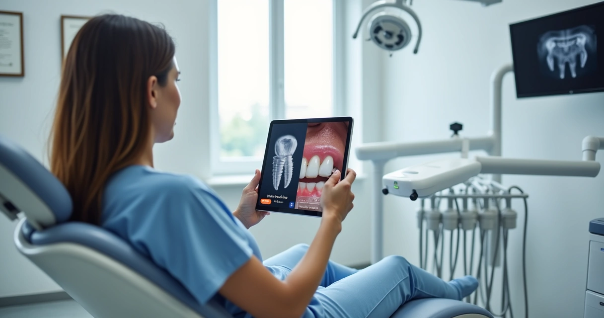 Dentista mostrando em tablet anúncio de implante com fotos clínicas de antes e depois 