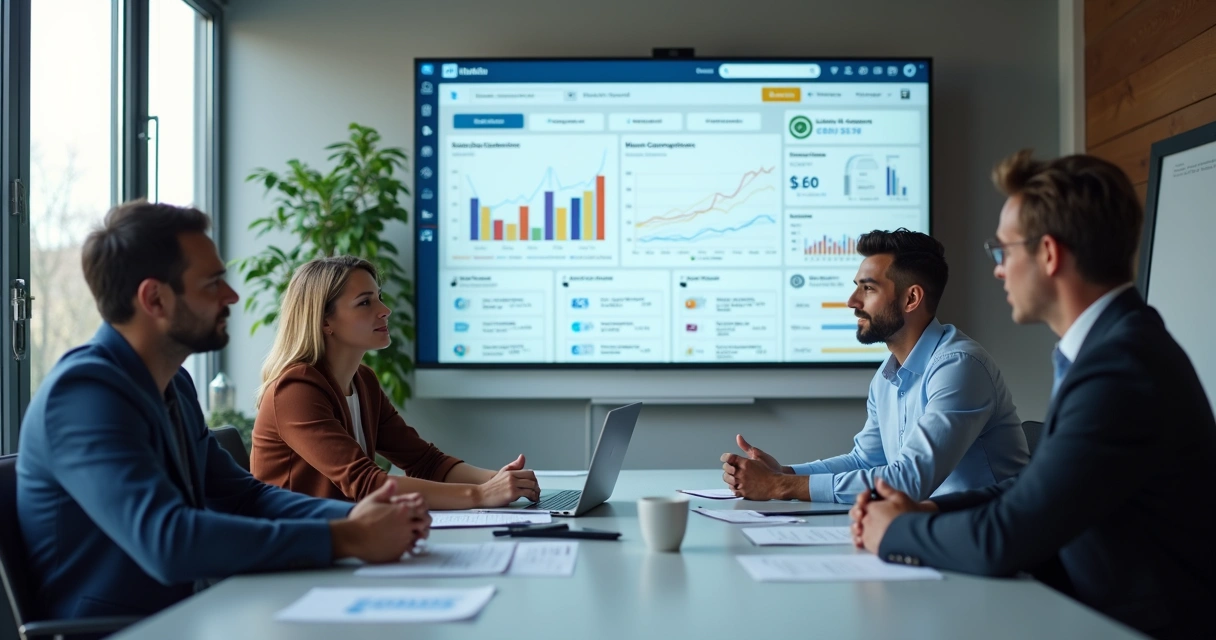 Tela de campanha LinkedIn Ads com gráficos e profissionais reunidos 