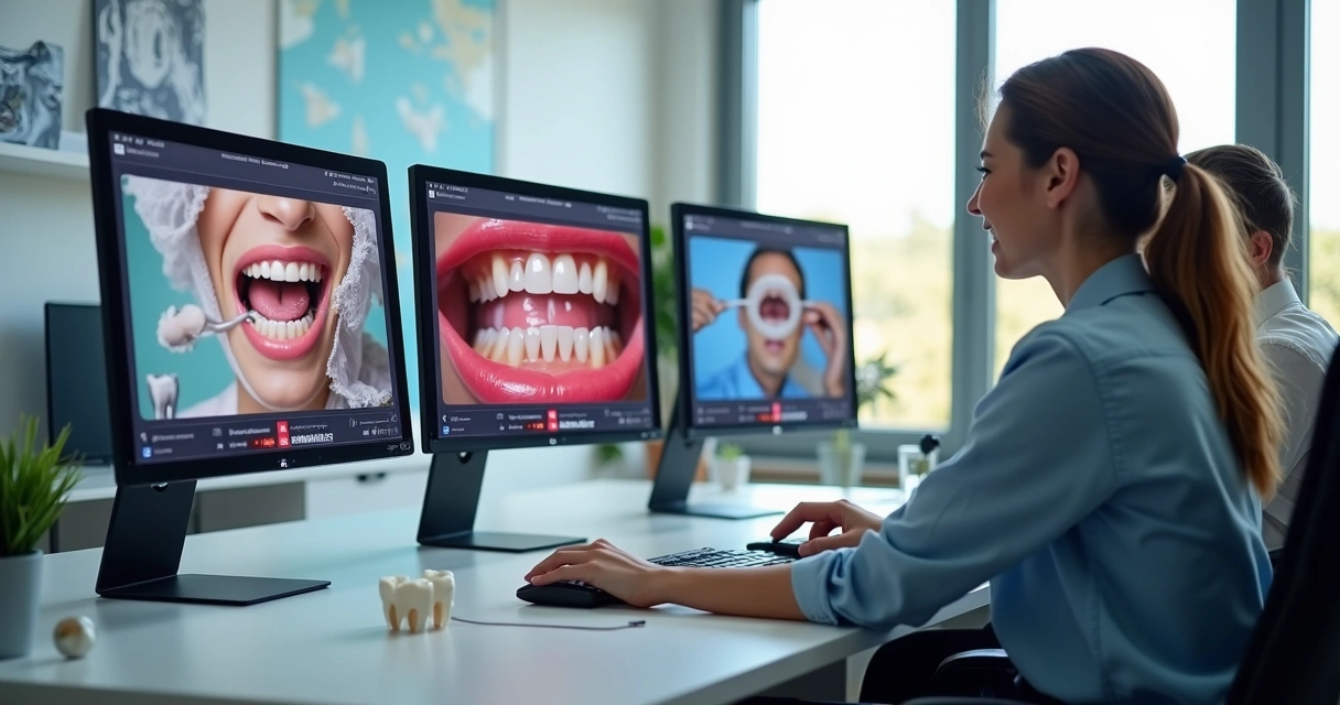 Equipe criando anúncios odontológicos em computador 