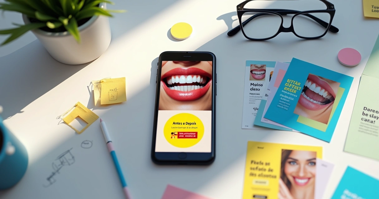 Criativos de anúncios odontológicos coloridos em tela de smartphone com detalhes chamativos 