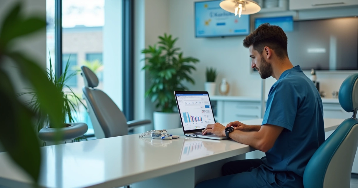 Dentista usando notebook em consultório monitorando anúncios digitais 