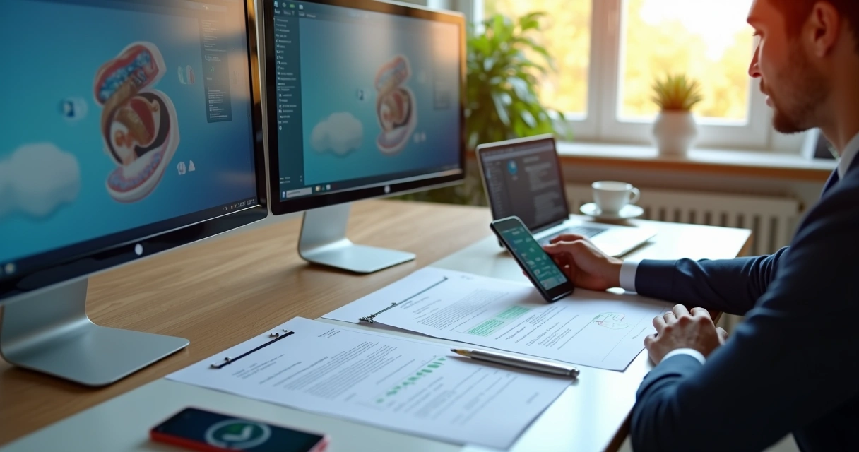 Profissional de odontologia analisando telas de computador com anúncios e documentos legais sobre marketing 