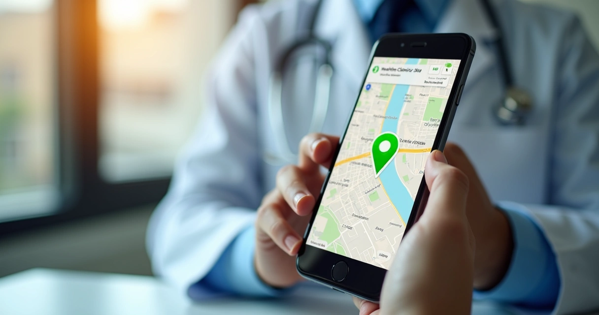 Geolocalização: Como Aumentar Agendamentos em Clínicas Locais Anúncio digital de clínica de saúde em tela de smartphone