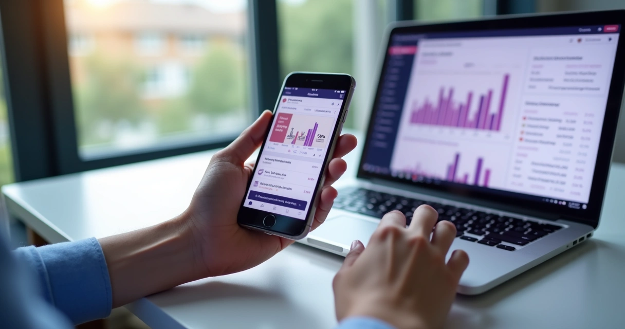 Telas de anúncios digitais de clínica de estética, com gráficos de resultados. 