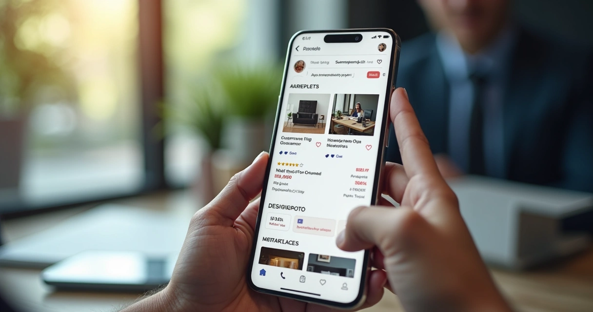 Mão segurando celular com anúncio detalhado em marketplace 