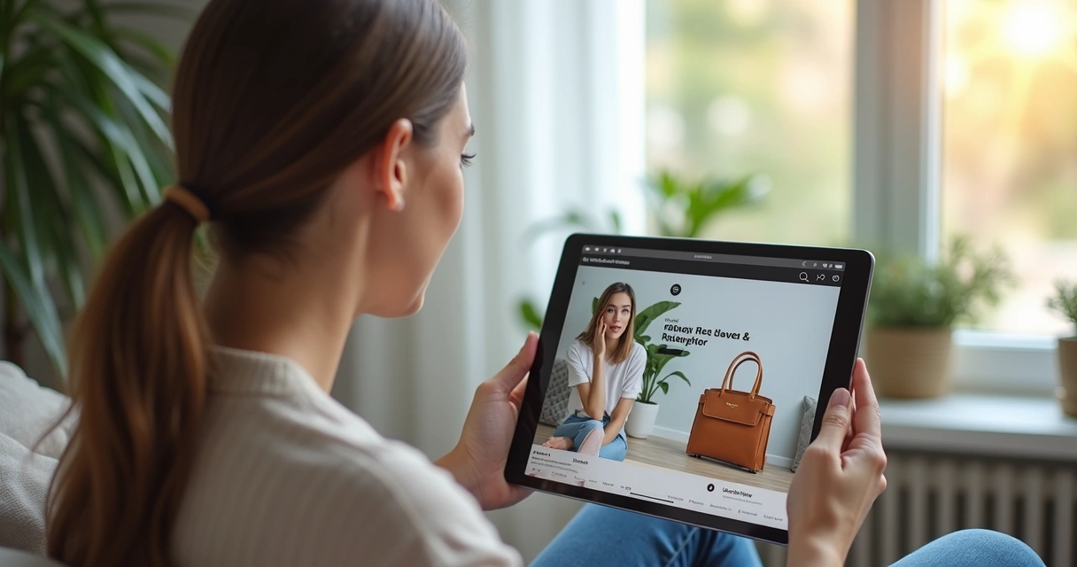 Mulher olhando anúncio personalizado no tablet em ambiente de sala 