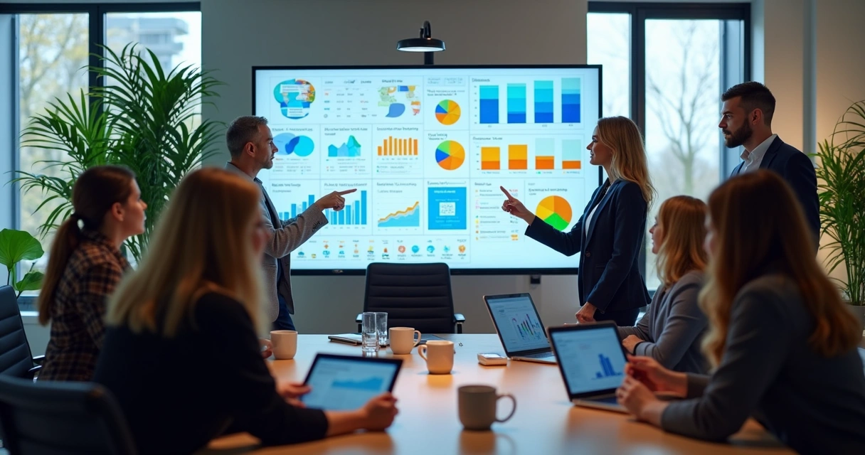 Equipe de marketing analisando painel de anúncios personalizados 