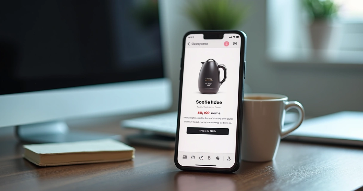Anúncio personalizado exibido em smartphone na mesa de trabalho 