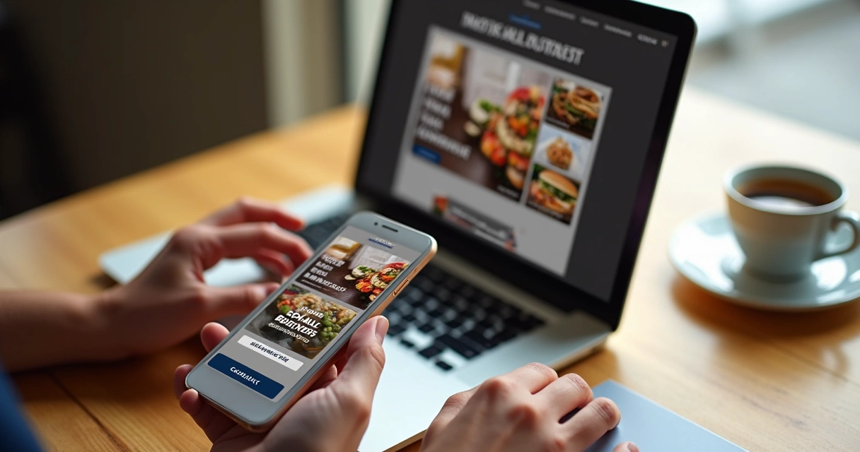 Anúncio online de negócio local em smartphone e laptop 
