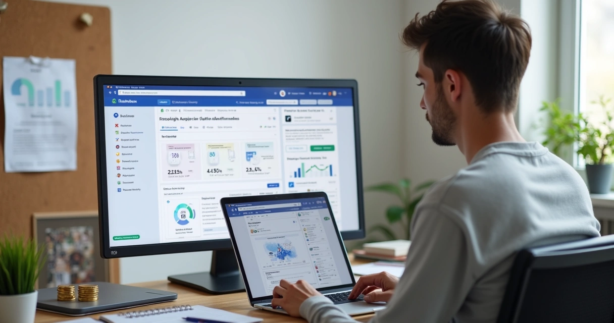 Empreendedora criando campanha de anúncio digital em laptop com gráficos de desempenho 