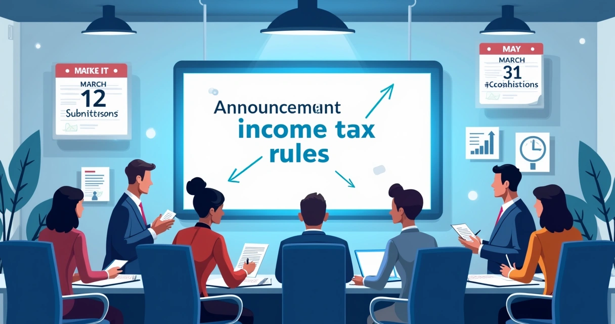Ilustração de uma reunião de escritório com anúncio de novas regras do imposto de renda em uma tela digital.