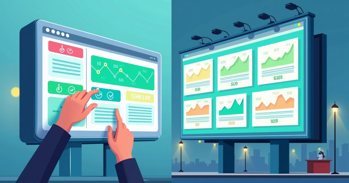 Diagrama colorido apresentando dois modelos de anúncio digital lado a lado, um ilustrando cliques, outro mostrando impressões em tela