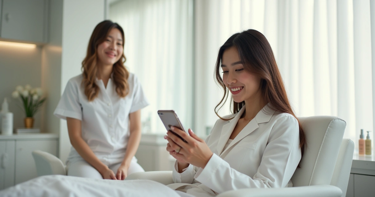 Mulher jovem olhando o celular em consulta de beleza com profissional sorridente ao fundo 