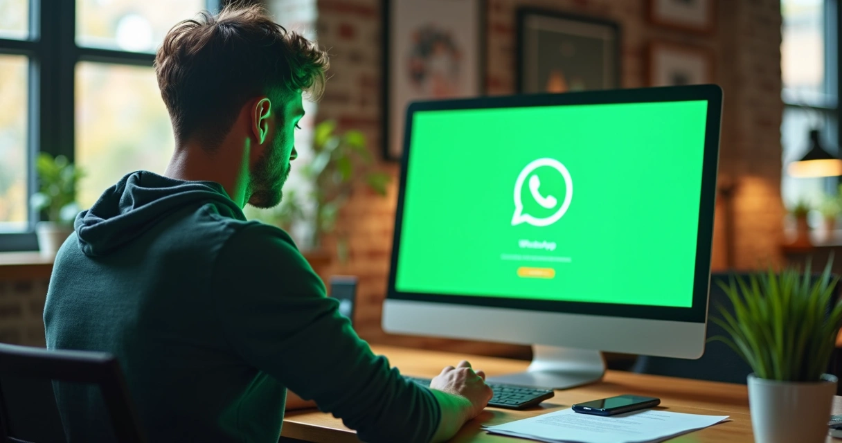 Homem criando anúncio digital que direciona ao WhatsApp, tela colorida de computador com logo do WhatsApp 