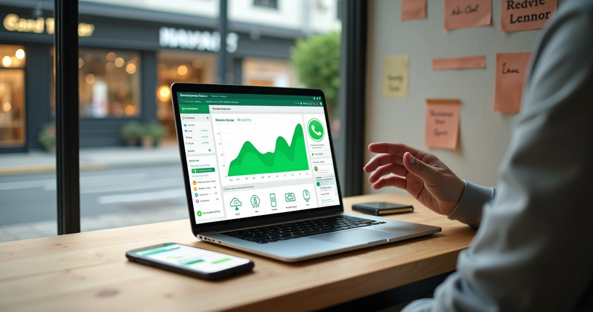 Empresário ajustando campanha de anúncios do WhatsApp em laptop com gráficos de desempenho 