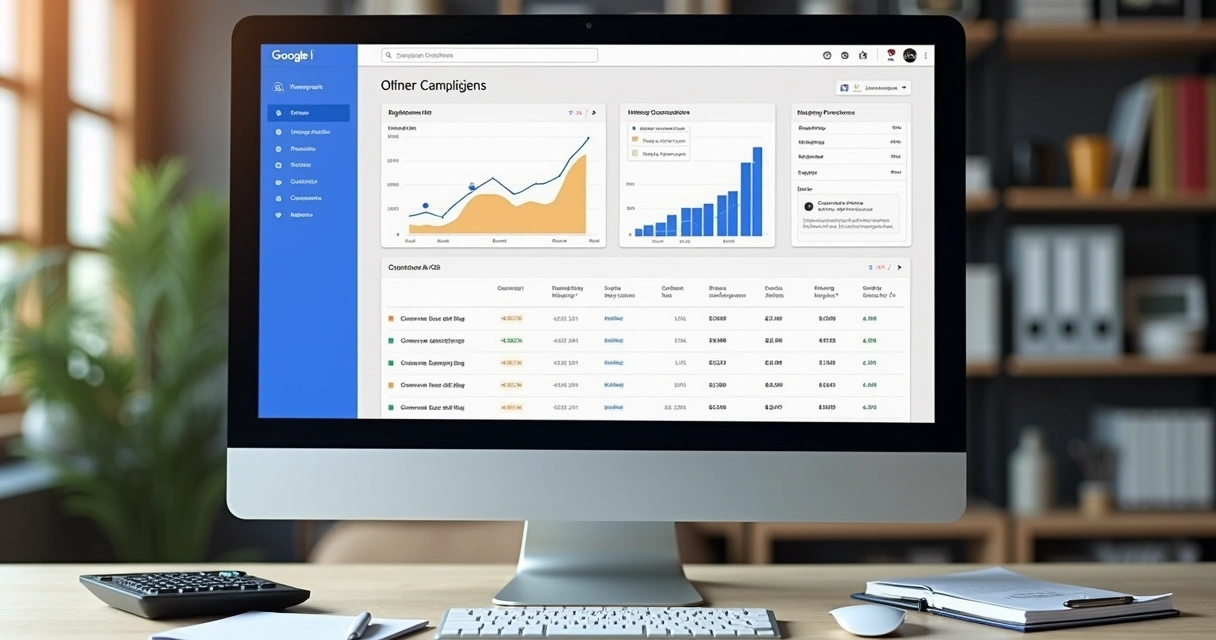 Monitor mostrando campanha de Google Ads para contabilidade 