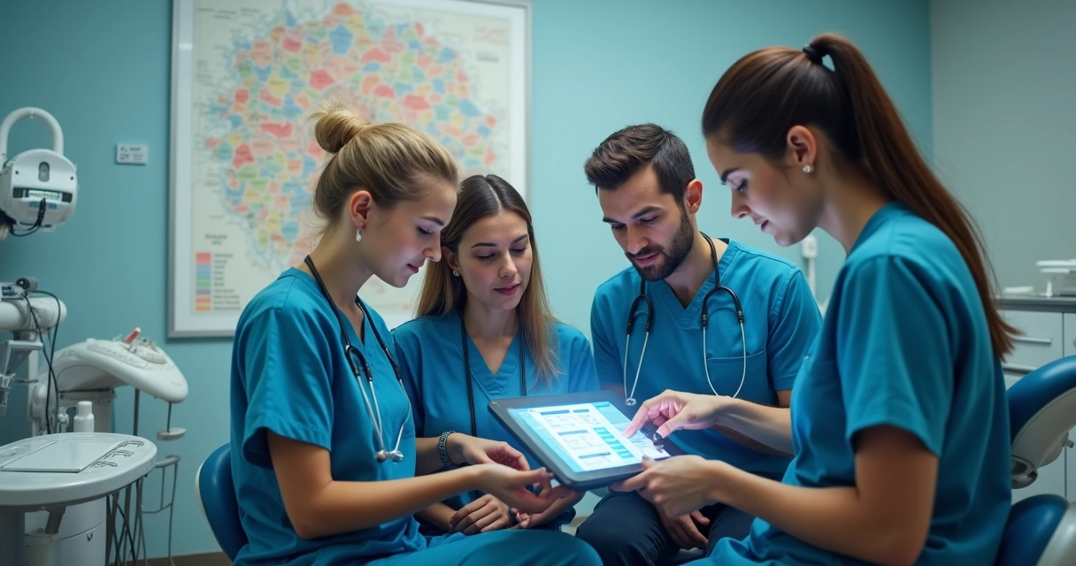 Dentista mostra anúncios em tablet para equipe 