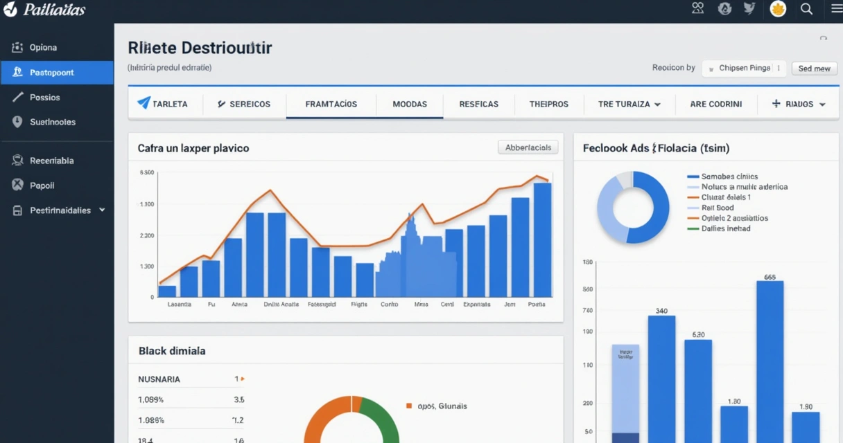 Tela de computador com campanhas digitais ativas e gráficos de resultados de vendas 