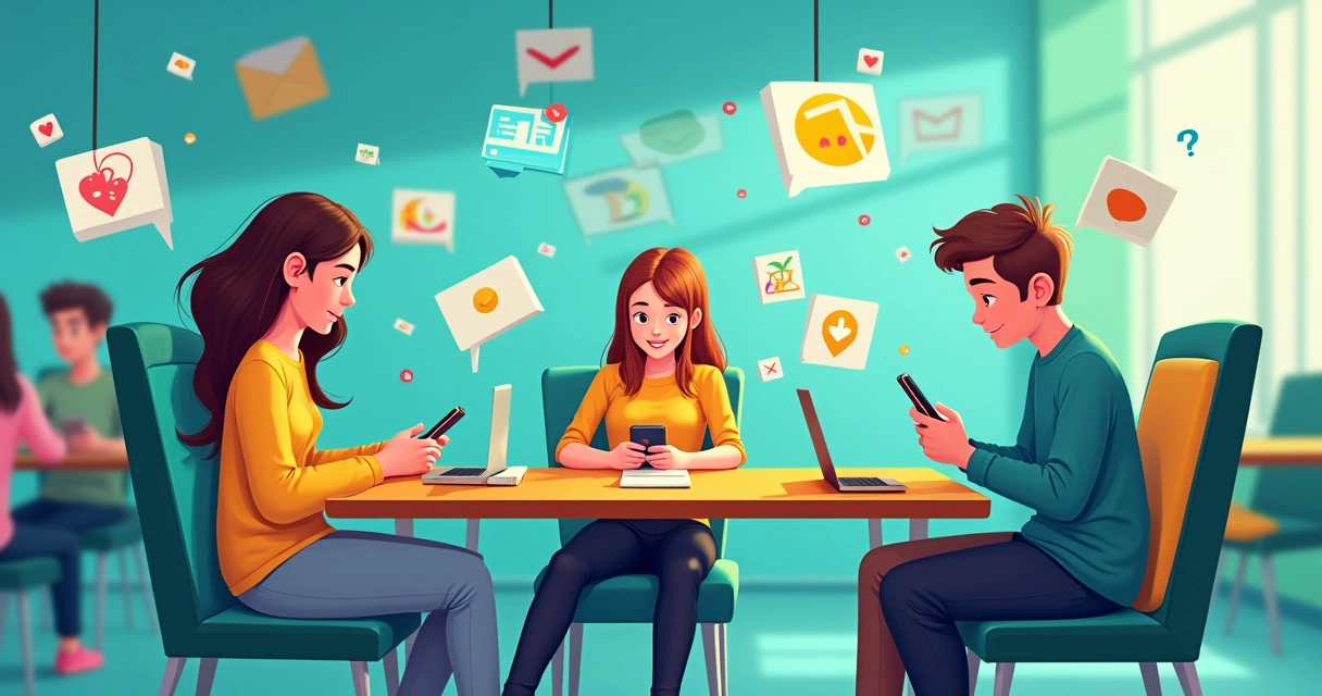 Campanha digital de anúncio escolar com jovens usando celulares 