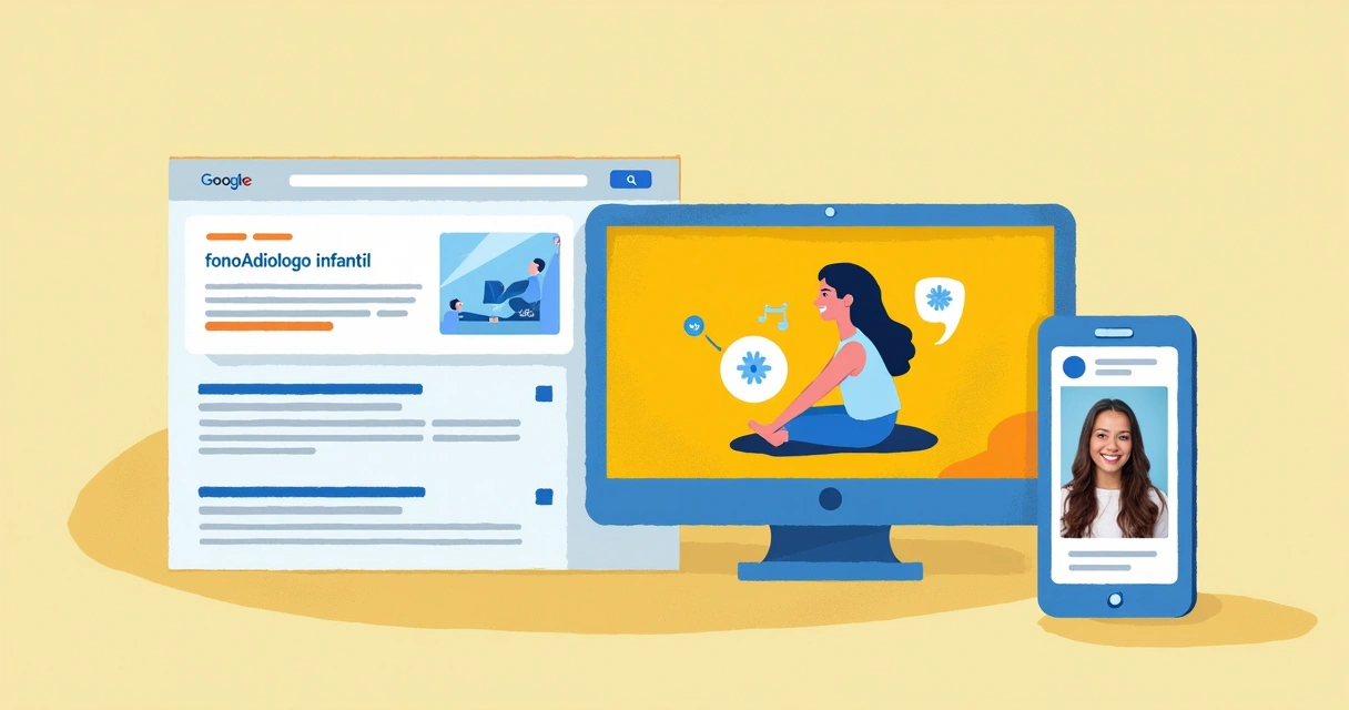 Exemplo de formatos de anúncios digitais: banner, vídeo e resultado no Google para clínica infantil