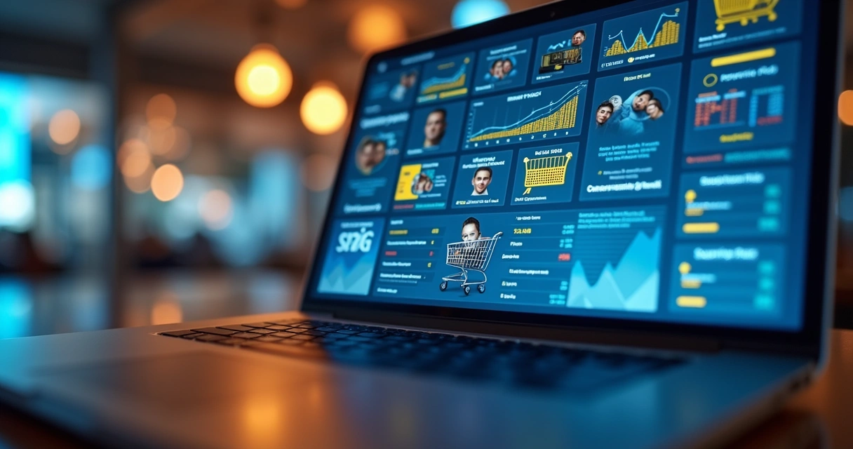 Anúncios digitais na tela de um notebook com gráficos de conversão