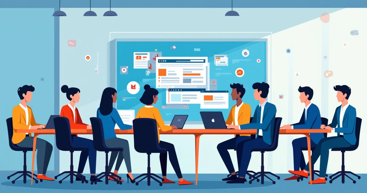 Equipe de marketing analisando diferentes canais de anúncio digital, com gráficos e dispositivos diversos. 