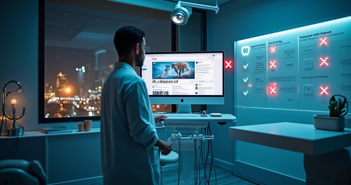 Dentista analisa anúncio digital com símbolos de alerta de práticas proibidas 