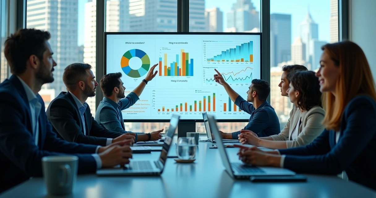 Dashboard com gráficos de campanhas de anúncios online em sala de reunião