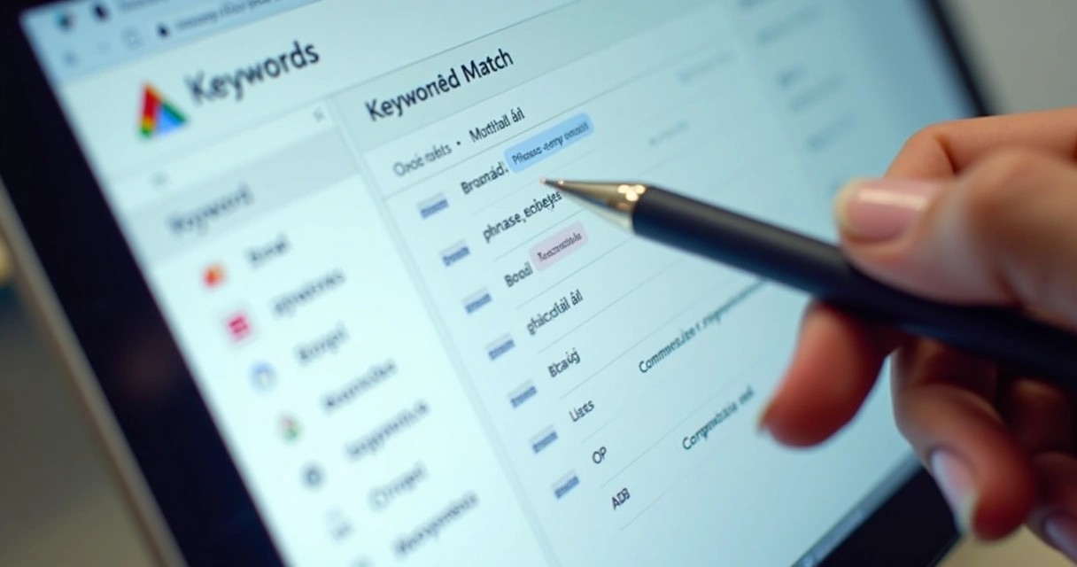 Telas de Google Ads com exemplos de palavras-chave e correspondências 