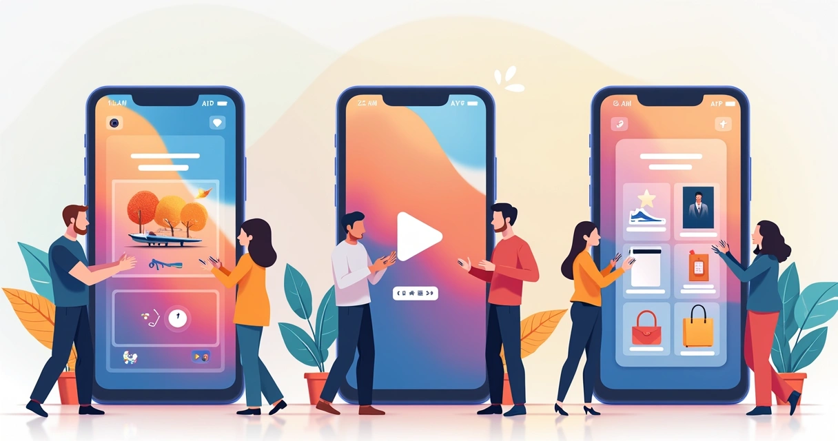 Exemplo visual de anúncios em feed, stories e vídeo nas redes sociais 