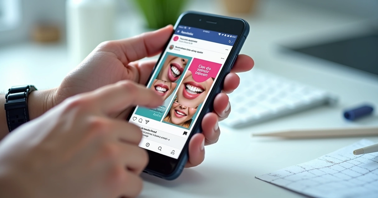 Celular exibindo anúncios de consultório odontológico no Instagram e Facebook 