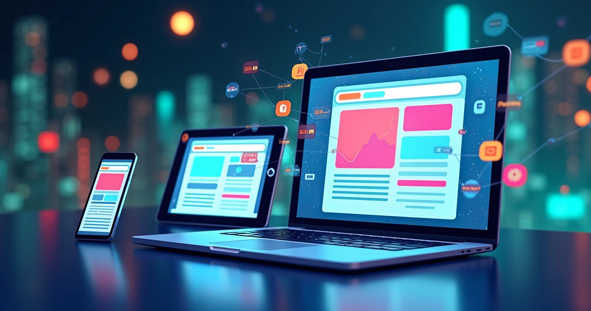 Vários anúncios digitais em diferentes dispositivos conectados 