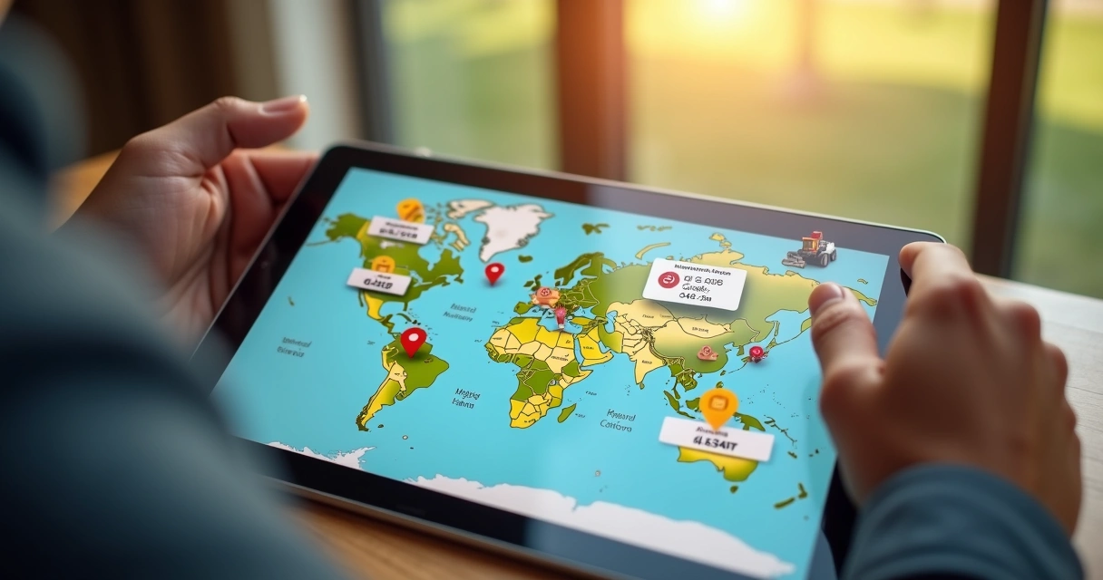 Mapa digital com marcações em zonas agrícolas e anúncios de máquinas agrícolas destacados 