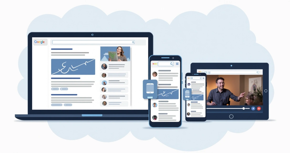 Representações visuais dos três tipos de anúncios Google: pesquisa, display e vídeo 