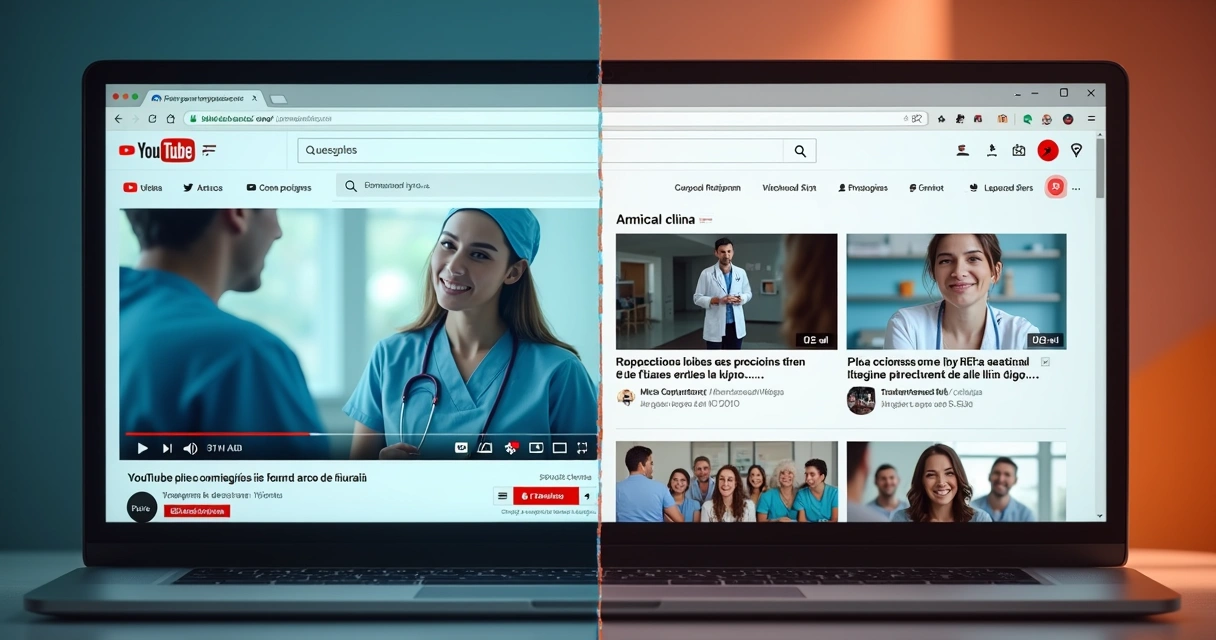 Página inicial do YouTube com múltiplos vídeos e anúncios médicos para diferentes perfis de usuário 