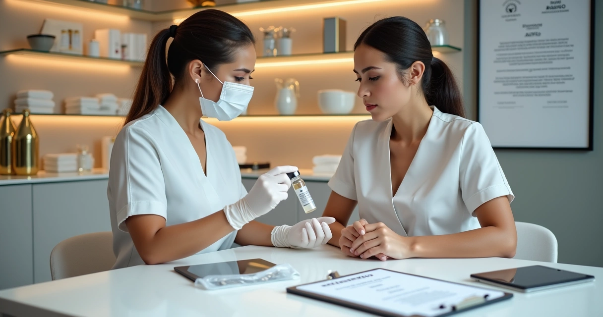 Profissional de estética mostrando pigmento certificado com selo ANVISA para cliente em clínica moderna 