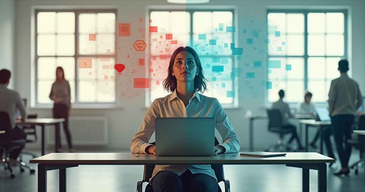 Professional at desk with anxious thoughts transforming into calm focus 