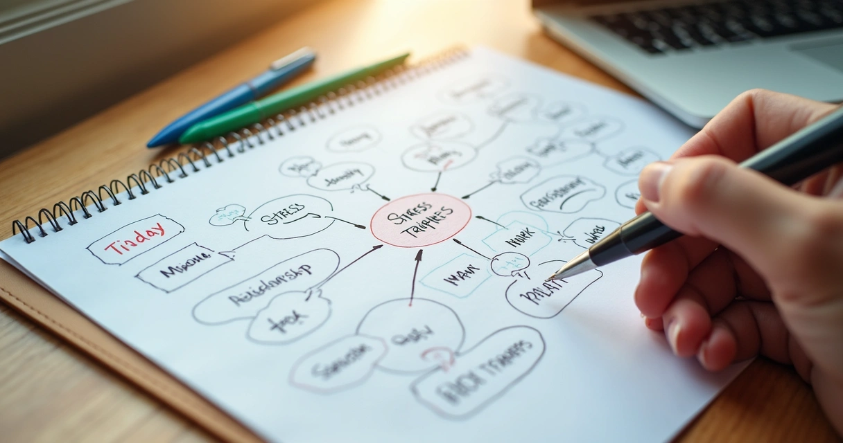 Hand-drawn map linking stress triggers, relationships, and body sensations 
