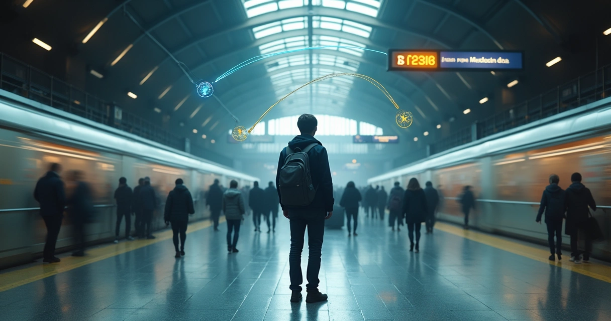Person pausing in a busy train station while colored lines float toward different family silhouettes 