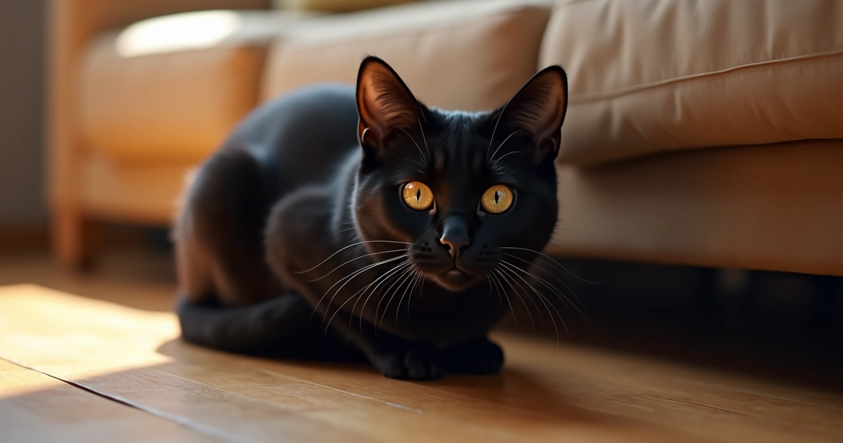 Black cat crouched with ears back, tail tucked, whiskers forward 