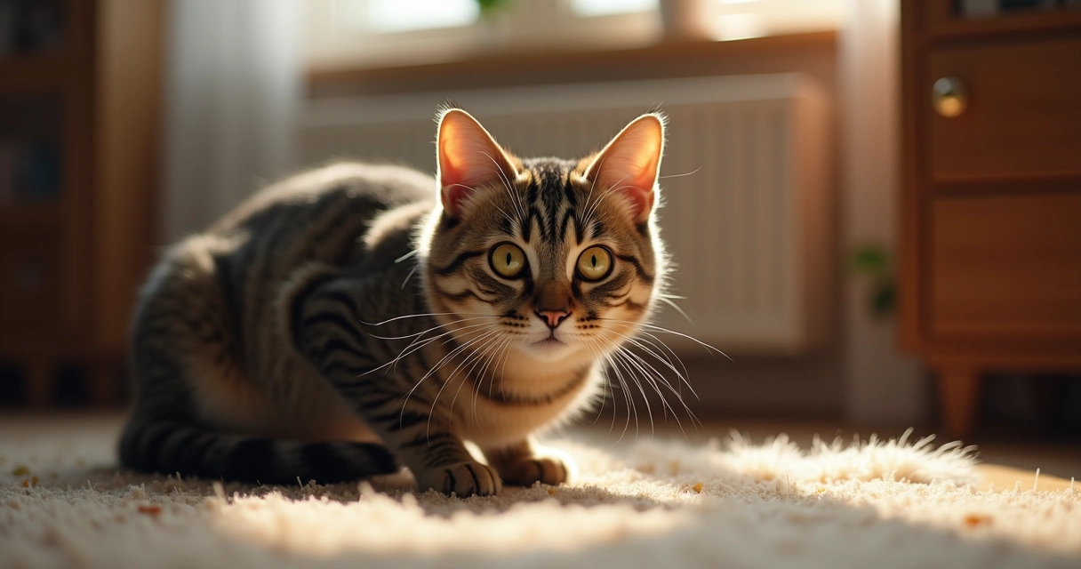 Cat crouched low with wide eyes in a cozy indoor room 