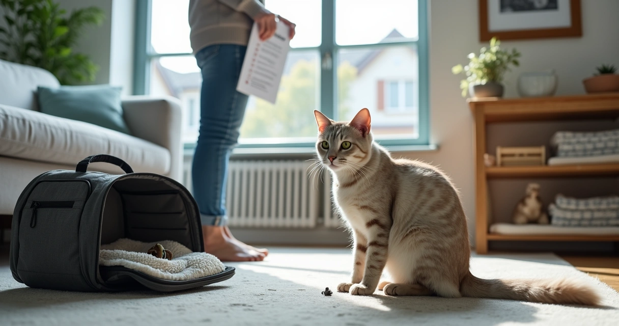 Owner deciding between cat carrier and cozy boarding room for anxious cat 