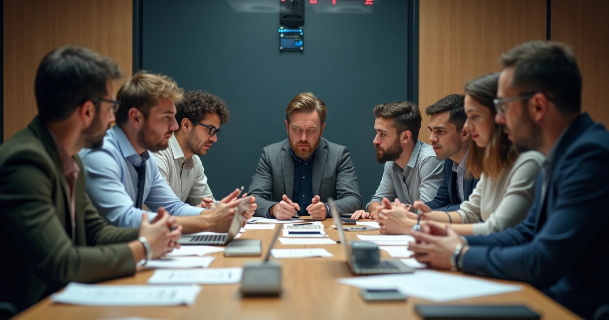 Team of employees in an office showing subtle signs of stress and urgency 