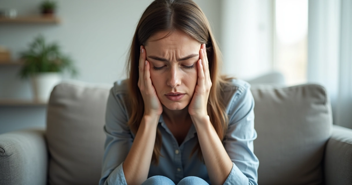 Woman sitting with tense posture, shallow breathing pattern 