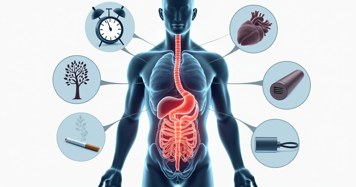 Ilustração do abdome destacando a aorta e fatores de risco ao fundo. 
