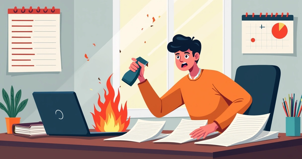 Pessoa tentando apagar pequenos fogos sobre a mesa de trabalho cheia de papéis e laptop. 