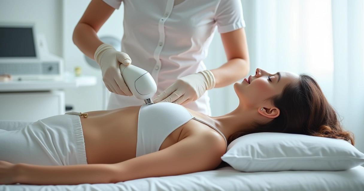 Mujer recibiendo tratamiento con aparatología estética en una clínica.