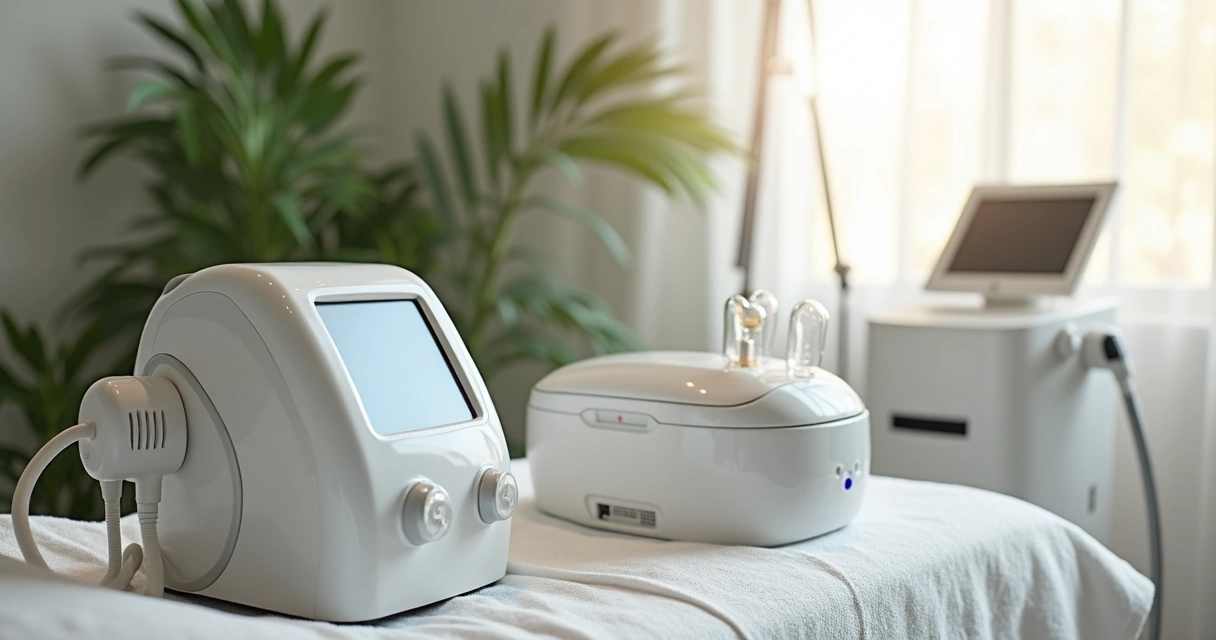 Diversos equipos de aparatología estética sobre una mesa de cabina 